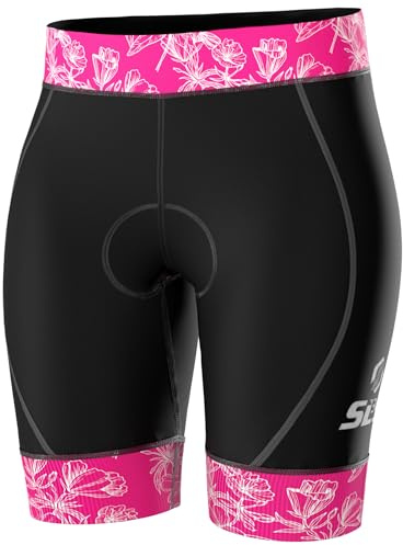 SLS3 Triathlon Shorts Women, Premium FX Fabric - Womens Tri Shorts for All Abilities. Super Comfy Womens Triathlon Shorts (Pink Azalea Floral, Large)