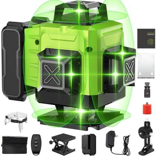 Laser Level, 4 x 360° 16 Lines Green Laser Level Self Leveling, Horizontal & Vertical Cross Line Laser Spirit Level for Indoor Outdoor, with 1 Battery, Remote Controller, Charger and so on