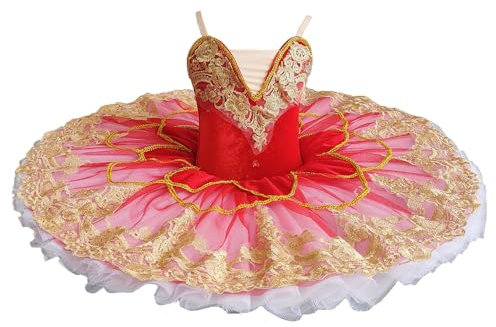 BEDEUU Vestido de tutú de Ballet Profesional, Vestido de tutú de panqueque del Lago de los cisnes Rojos Traje de Baile de Ballet para niña y niña,Rojo,140