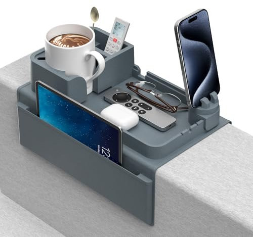 Couch Cup Holder - Anti-Slip Sofa Armrest Tray with Dual Side Pockets - Silicone Anti-Spill Sofa Drink Holder Arm with Phone Holder - Couch Arm Tray for Cup, Phone, Tablet, Remote Control Snack