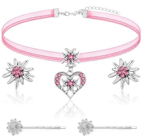 5er Trachtenschmuck Set,Trachtenkette mit Strass Edelweiß Herz Anhänger,Bayerisch Dirndlschmuck Trachtenkette mit Strass Edelweiß Herz Anhänger,Trachten Edelweiß Haarklammern,und Edelweiß Ohrstecker