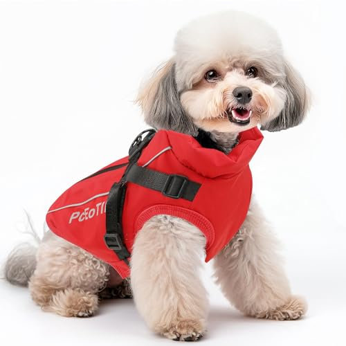 PcEoTllar Hundemantel Wasserdicht für Kleine Hunde, Warme Wintermantel Hundejacke Hundepullover - Reflektierend Hundemantel mit Geschirr - Haustier Skifahren Kostüm Ärmellose, Rot-S