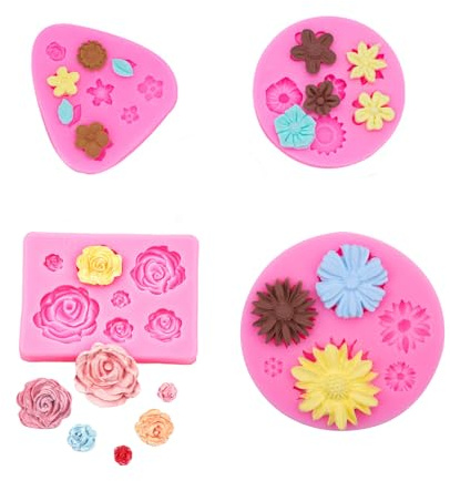 Moldes de Silicona de Flores,4 PCS Moldes de Flores de Fondant 3D Forma de Rosas Molde para Manualida Moldes de Flores de Glaseado para Repostería Manualidades