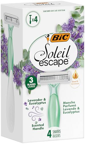 BIC Soleil Escape 3-Klingen-Einweg-Rasierer für Damen mit Lavendel & Eukalyptus, Feuchtigkeitsstreifen mit Mandelöl – 4er Box