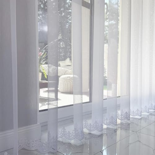 Gardinen Vorhangen Weiß 300x250 cm (BxH) Paulina Lang Jacquard Gardinen mit Kräuselband Wohnzimmer Schlafzimmer Transparent Gardinenschals Fenstergardinen Bestickt Schimmereffekt