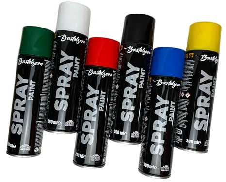 Set di colori spray, 6 colori da 200 ml, ad asciugatura rapida: Nero, Bianco, Blu, Verde, Rosso, Giallo. (6 Colori)