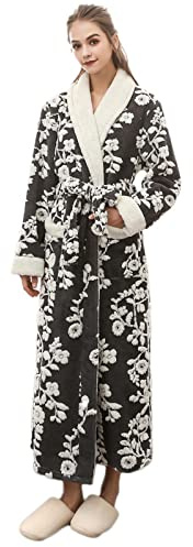 Flanell-Bademantel für Damen, langer Bademantel für Damen, Winter-Bademantel, Blumenmuster, warmer Bademantel mit Taschen und Gürtel, Fleece-Schlafanzug, gemütlicher Bademantel für Loungewear,
