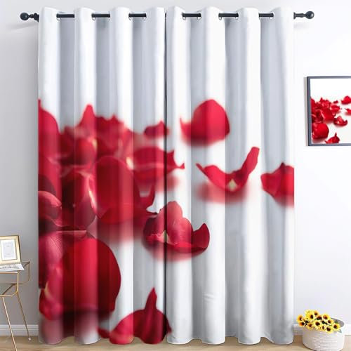 Gedruckte Blackout Vorhänge H245 x B75 cm (2er Pack) Energiesparende Vorhänge Thermo- und Schallschutzvorhänge für Schlafzimmer RosenbläTter Bedruckte Rot Schwarz Vorhang
