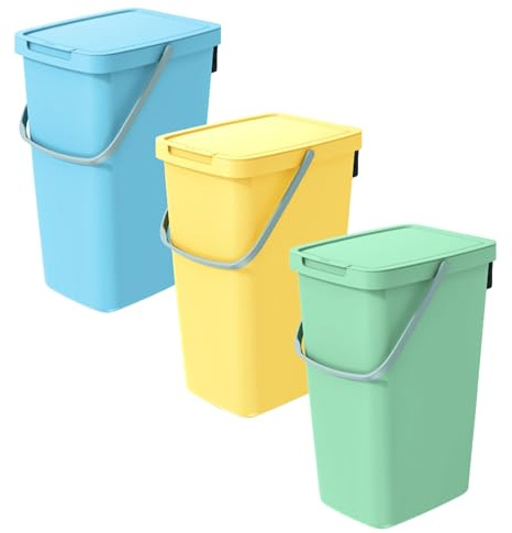 Cubo de basura de cocina 3 x 20 l de plástico | Cubo de basura con tapa y marco extraíble para colgar bolsas de basura | Cubo de basura de cocina con soporte de pared | Separación de basura fácil –