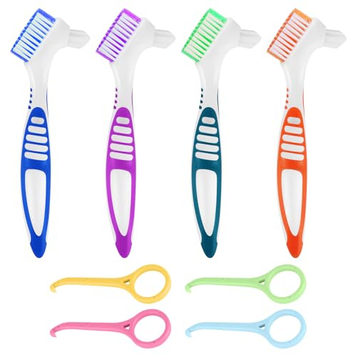 4 cepillos de dentadura postiza, limpieza de dentaduras postizas de doble cabeza con herramienta de extracción de alineadores, juego de dientes falsos multicapa, limpiador portátil para limpieza de