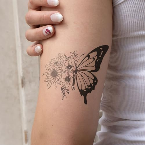 Inkster Tattoo - Schmetterling mit Blumen - vegane & wasserfeste Temporäre Tattoos für Erwachsene - EU-Kosmetikzertifizierte Farbe - revolutionäres 2 Wochen Tattoo | Premium Klebetattoos