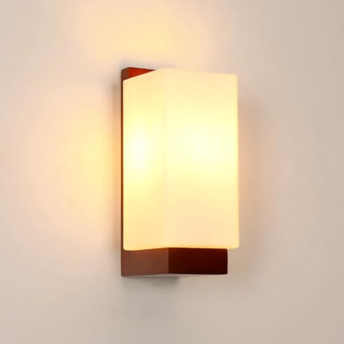 Mckalen Wandleuchte Holz Innen E27, Vintage Wandlampe Holz mit Glas Lampenschirm, Nussholz Rechteck Wandbeleuchtung für Wohnzimmer Schlafzimmer Treppenhaus Flur (Ohne Glühbirne)