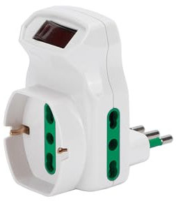 Adattatore Multiplo con Interruttore, 3 Prese (2 Bipasso 16A + 1 Schuko), Protezione Sovraccarico, Bianco