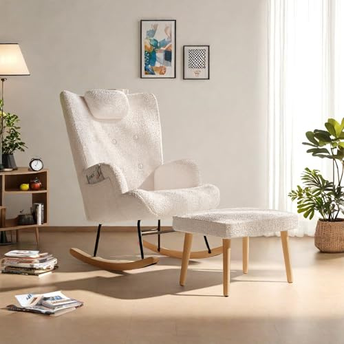 YGHQAP Poltrona a dondolo, poltrona allattamento con poggiapiedi, sedia a dondolo in tessuto Teddy, sedia a dondolo con tasche poltrone Relax per camera da letto, soggiorno (beige 1)