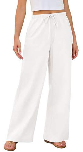 Lishang Pantalones de Lino Mujer Cordón Ajustable Pantalones Mujer Verano Frescos con Bolsillos Pantalon Verano Casual Cintura Alta Elástica Blanco XXL