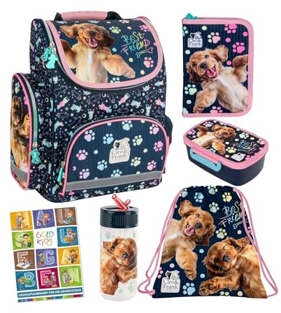 Goldkids - Schulranzen für Jungen und Mädchen, 6er-Set - Schul-Rucksack für Kinder mit Federmäppchen - Schuhbeutel Trinkflasche und Brotdose - Einhorn Motiv - 1-3 Klasse
