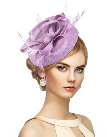 ETOFETE Retro Vintage Fascinators for Women, Ladies Wedding Hats Ascot Hatinator Headwear with Headband Clip for Cocktail Tea Party Light Purple