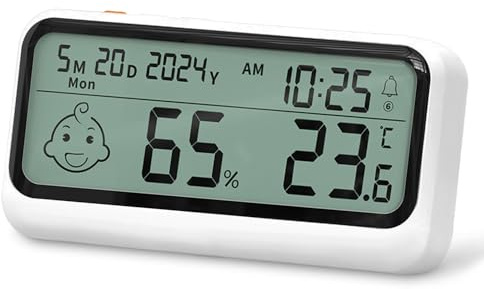 Druuzyl Thermomètre Hygromètre Intérieur Digital à Haute Précision avec Réveil Moniteur de Température et Humidimètre pour Chambre Bébé Chambre à Coucher Salon et Cuisine Blanc