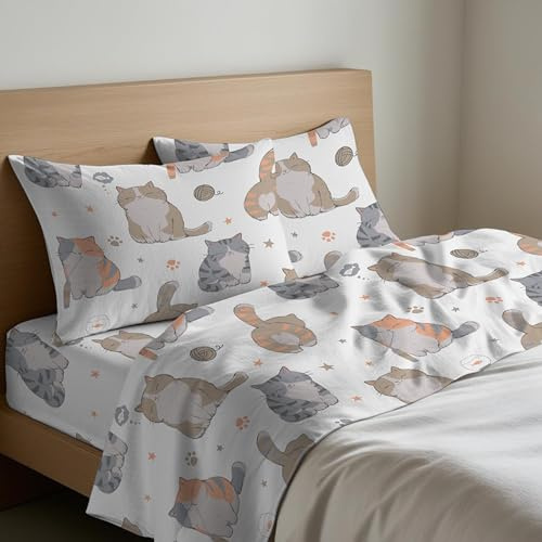 Tata Home Completo Letto Flanella Matrimoniale Set Lenzuola Morbido Caldo Cotone Felpato Invernale Antipilling Made in Italy Dis. Gatti Colore Bianco