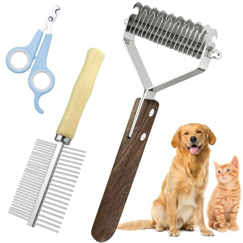BITEFU Unterfellbürste für Hunde & Katzen Doppelseitiger Entfilzungskamm aus Walnussholz Entfernt Unterwolle, Verfilzungen & Haare Inkl. Kamm & Nagelschere (17+9 Zähne)