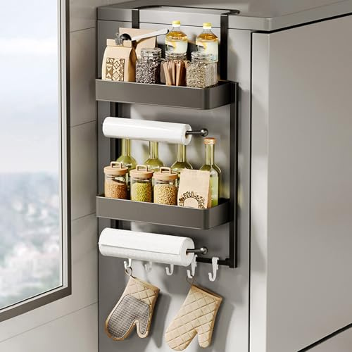 joukares Hanging Spice Rack for Refrigerator, Multi-Layer Storage Shelf, Fridge Side Organiser with Suction Cups, Carbon Steel Condiment Rack for Kitchen Organisation and Storage (Black)