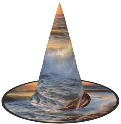 Chapeaux de sorcière d'Halloween motif vague rocheuse coucher de soleil - Chapeau de sorcière flottant pour homme et femme - Accessoires de costume d'intérieur et d'extérieur - Décorations d'Halloween