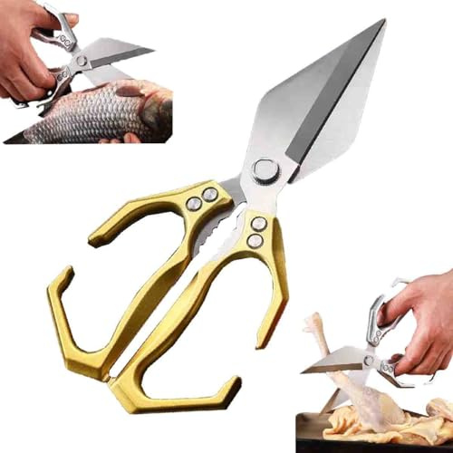 Forbici Da Cucina Multifunzionali per Impieghi Gravosi con schiaccianoci,forbici per alimenti con impugnatura ergonomica,trinciapollo in acciaio inossidabile,per carne,pollo e pesce (Oro)