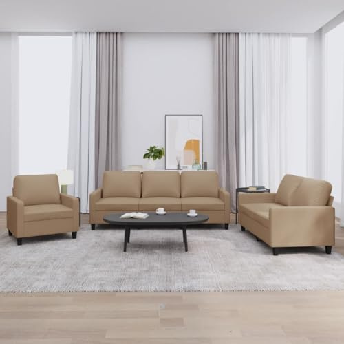 YuuSsea 3-TLG. Sofagarnitur, Cappuccino-Braun Kunstleder, Robustes Design für Wohnzimmer, Langlebiges Polstermöbel Set mit Kissen, Bequemes Couch-Ensemble, Modernes Lounge-Möbel