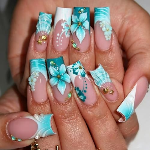 MouyouGlow Press on Nails Lang,Square Blau French 3D Blumen Floral Seestern Ozean Water Rib Strass Design Short Fake Nails,Blue Tips Flower Striped Sommer INS Sweet Artificial Künstliche Fingernägel