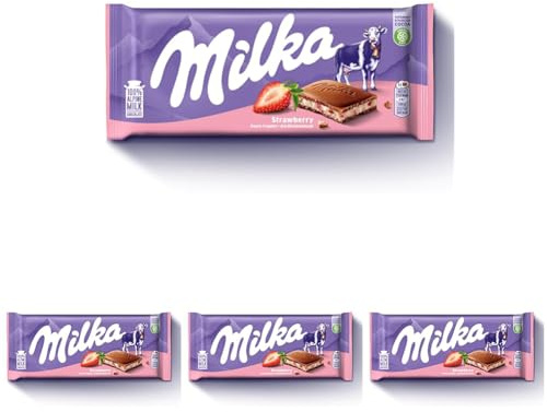 Milka, Fragola e Yogurt, Tavoletta di Cioccolato al Latte Classica con Yogurt e Fragole, Latte 100% Alpino, Cacao Sostenibile, 100g (Confezione da 4)