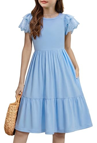 Arshiner Girls Dress Kids Lace Short Sleeve Summer Party Festive Dresses