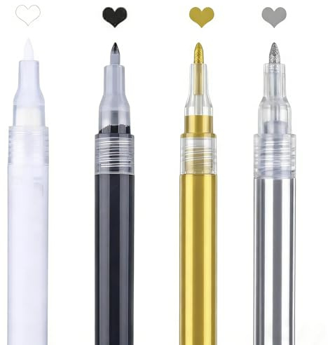 BAUCH 4 pezzi Pennarello Acrilico,Pennarello Acrilico Nero Bianco Oro Argento,0.7mm Pennarelli Indelebili Punta Fine,per Dipingere Sassi,Legno, Vetro