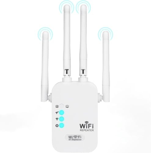 Répéteur WiFi 1200Mbps, Puissant WiFi Booster Double Bande 5GHz & 2.4GHz Amplificateur WiFi Puissant avec Gigabit Ethernet Port, 4 Antennes WiFi Extender Compatible avec Toutes Les Box Internet
