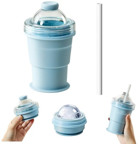 2 in 1 Collapsible Silicone Ice Ball Maker Cup, Foldable Ice Hockey Cup 6cm Large Sphere IceCubes Tray with Straw for Home Office