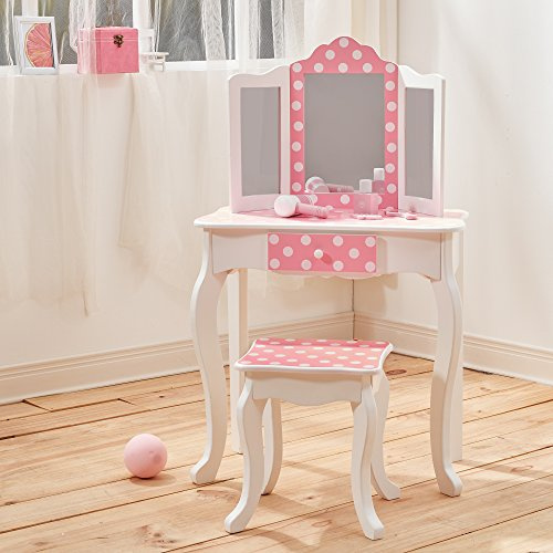 Teamson Kids Princess Gisele Polka Dot Print 2-Piece Kids Wooden Play Vanity Set with Vanity Table, Tri-Fold Mirror, Storage Drawer, and Matching Stool, White with White/Pink Polka Dot Accent
