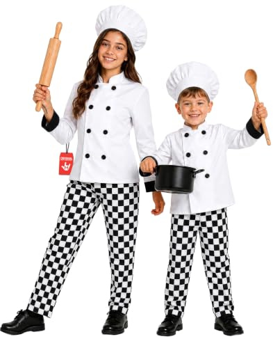 Fun Shack Costume Chef Bambino, Costume Cuoco Halloween Bambino | Giacca Bianca, Pantaloni a Quadri & Cappello, Divisa da Chef, Perfetto per Halloween, Ideale per il Gioco di Ruolo