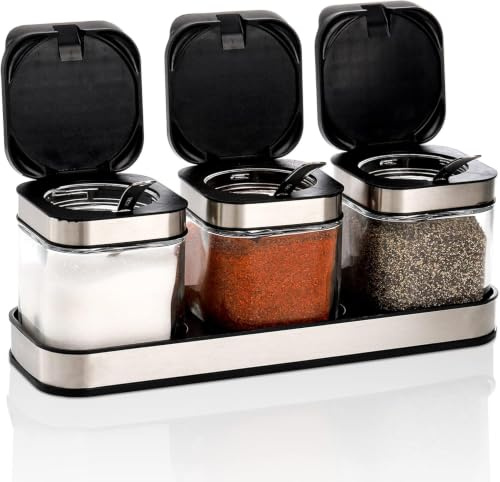 DEAYOU 3 Pack Glass Seasoning Box with Tray, Clear Condiment Canister with 18/10 Stainless Steel Lid and Spoon, Kitchen Spice Pot with Base, Salt Pepper Sugar Storage Container Jar Cruet for Desk