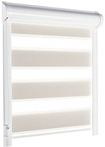 schattenfreu.de Doppelrollo mit Kassette nach Maß | Zum Ankleben ohne Bohren | Optional zum Anschrauben | Lichtdurchlässig | Für Fenster und Türen | Beige