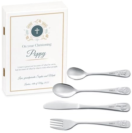 MAVERTON Kids Silverware in a Wooden Box – Personalised Animals Cutlery Set – Stainless Steel Engraved Utensil Set – for Girls - Cross
