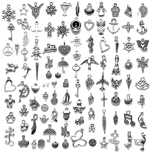 100 Pièces Breloques Argentées Charmes de Pendentifs, Creation Bijoux Mixte Argent Antique Charms pour Boucles d'oreilles Collier Bracelet DIY Making