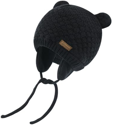 SEYUFN Babymütze, für Jungen und Mädchen, gestrickte Hündchen für Babys und Kleinkinder, mit Fleece-Futter, 0-36 Monate(Schwarz,6-12 Monate)