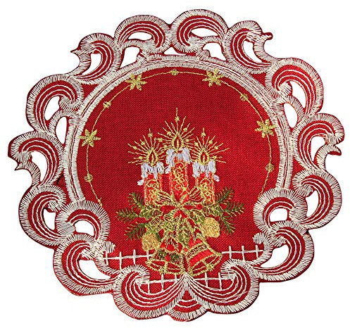 HanaQi Weihnachten Tischläufer Tischdecke Dunkelrot Leinenoptik Rot Kerzen Stickerei (20 cm Rund)