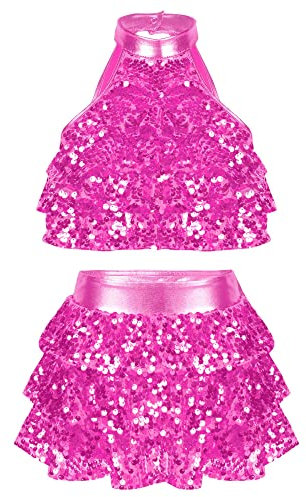Agoky Mädchen Pailletten Zweiteiler Tanzkleider Neckholder Crop Top und Tutu Rock Jazz Latein Bauchtanz Kostüm Hot Pink 158-164