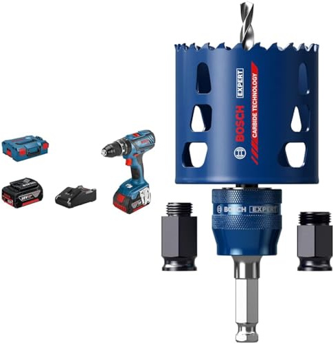 Bosch Professional GSB 18V-28 - Taladro percutor a batería (2 baterías x 4,0 Ah, L-Boxx) + 1x Kit de iniciación de sierras de corona Expert Tough Material (Madera con metal, Ø 68 mm, accesorios)