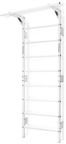 Sprossenwand mit Klimmzugstange Pull Up Bar Turngeräte Fitness Turnwand Klettergerüst bis 250kg Kletterwand Gym Sportgerät für Erwachsene Heim Turnhalle (Weiß - mit Klimmzugstange)