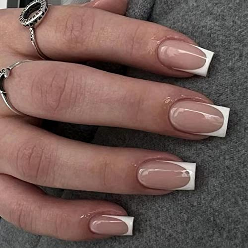 Ceboic Eckig Press on Nails Kurz, Französische Tipp Künstliche Nägel Full Cover Ballerina Kunstnägel mit Designs, Nude Weiß Border Acryl Fingernägel zum Aufkleben für Frauen und Mädchen