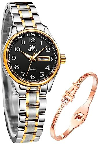 OLEVS Damenuhren Gold Silber Leicht zu Lesen Armbanduhren für Damen mit Kleines Gesicht Tag Datum Edelstahlband wasserdichte