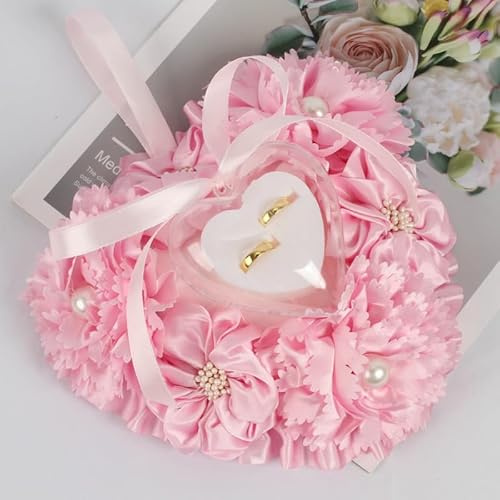 SYSUII Ringkissen Hochzeit,Romantische herzförmig Ringhalter Rosen Eheringkissen mit Satinband Hochzeit Herz Ring Kissen Box Paar Ring Halter Hochzeit Accessoires Für Valentinstag Eheringe Ringe-Rosa