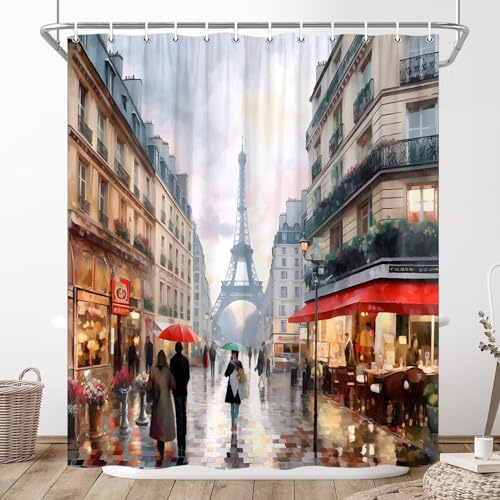 XHCEOH Duschvorhang mit Paris-Straßenszene, Ölgemälde, Eiffelturm, Blume, geschäftige Stadt im Regenschirm, Dekorstoff mit Haken, 178 x 178 cm (B x H)