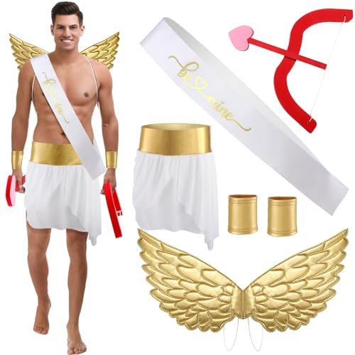Cozypower 7-teiliges Valentinstags-Amor-Kostüm für Erwachsene, Herren, inklusive Flügel, Pfeil, Bogen, Handgelenkmanschetten, Körperschärpe, Kilt Amor, Zubehör für Valentinstag, Kostüm, Dressup